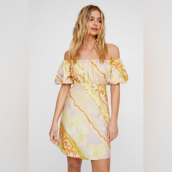 Nasty gal muted floral stripe linen bardot puff sleeve mini dress size 6 NWT - Picture 1 of 7